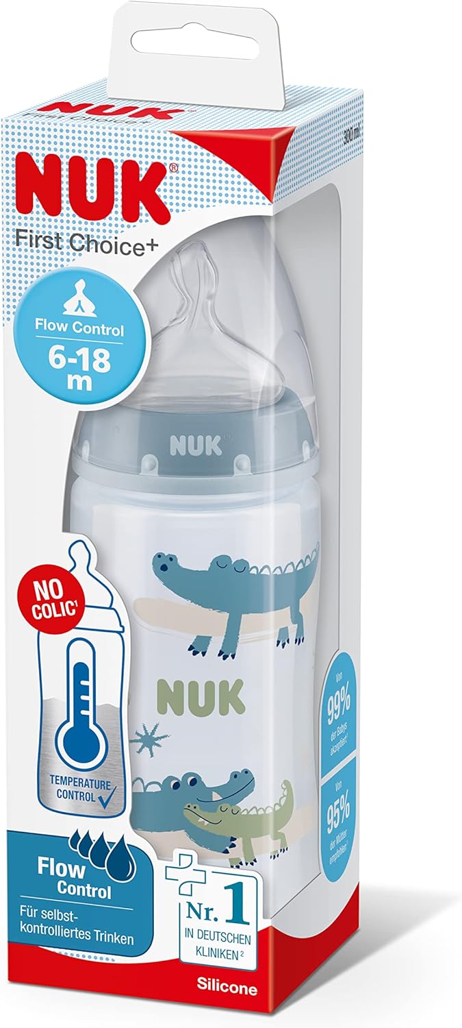NUK biberón First Choice+ Flow Control | 6-18 meses | Control de  temperatura | Chupete de silicona | Válvula anticólico | Libre BPA | 360 ml  | Rosa 